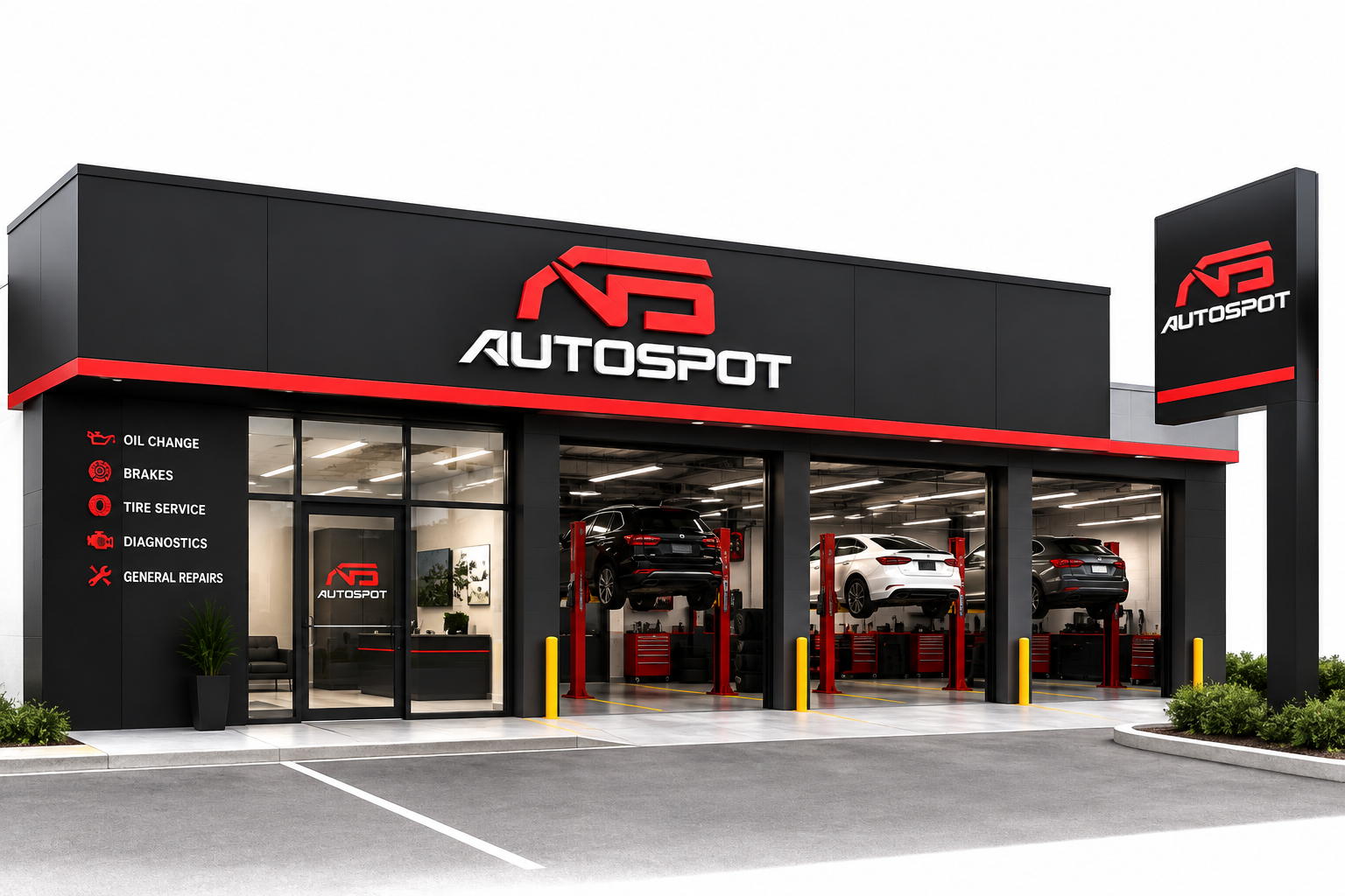 Autospot garage storefront with signage and service bays