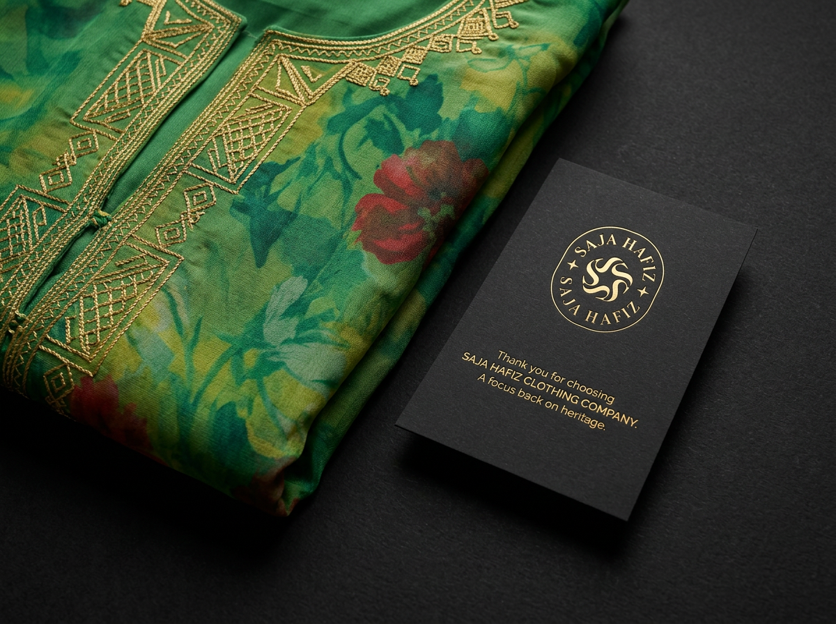 Saja Hafiz embroidered heritage garment with branded thank-you card